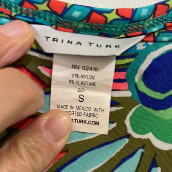 Trina Turk unique sleeved olive green/cranberry/ orange multi-colored top. Sm. - Picture 2 of 11